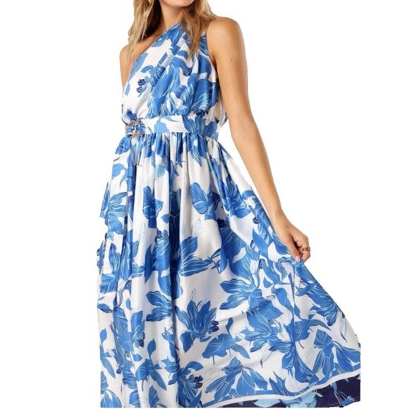 Petal & Pup Midi Dress 10 Blue White Floral Silky One Shoulder Washable NEW - Picture 2 of 16